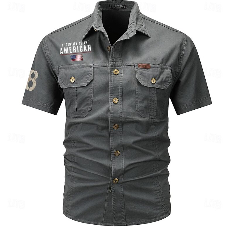 Men's Flag American US Flag Letter Printed Work Shirt Western Shirt Cargo Shirt Short Sleeve Casual Tactical Going out Summer Turndown Buttons Print Black Army Green Dark Blue Gray4