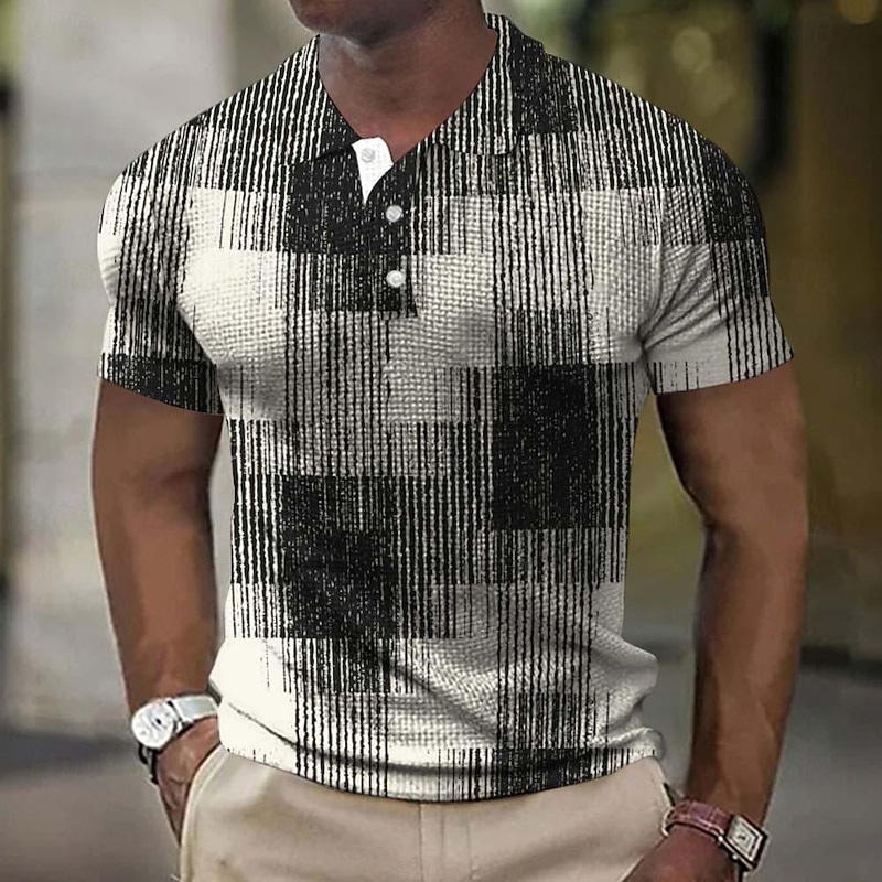 Men's Plaid Golf Shirt Short Sleeve Polo Shirts Collared Shirts Vintage Casual Vacation Wear Formal Wear Festival Wear Buttons 3D Print Summer Spring Black
