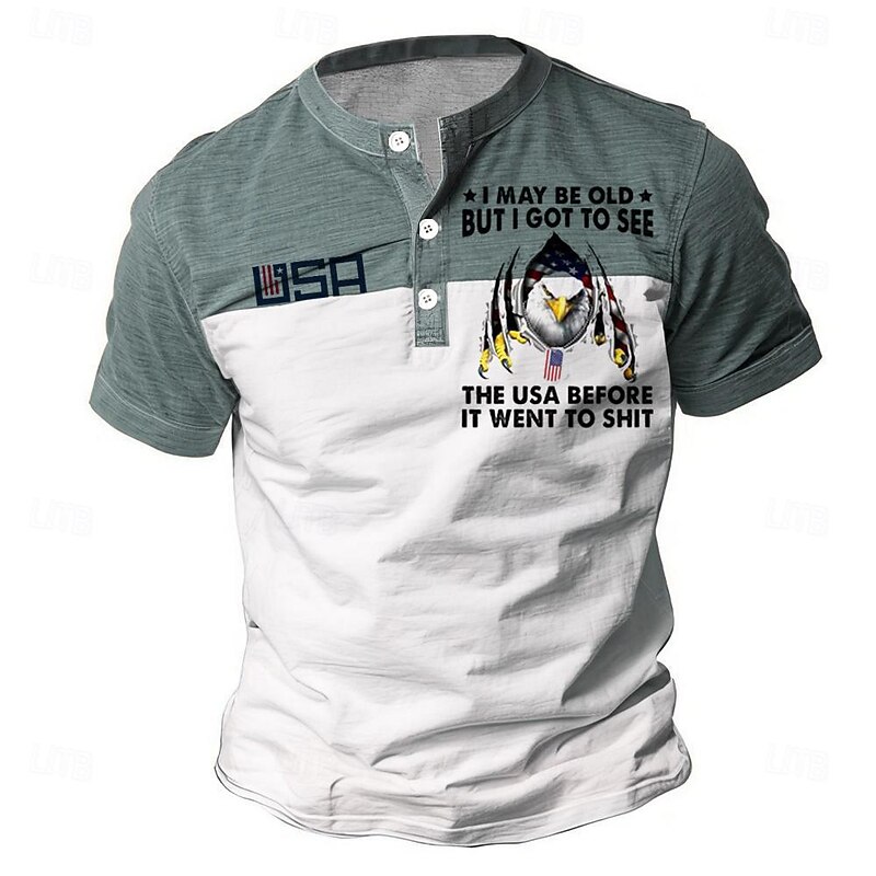 Men's Eagle Patriotism Funny Slang T shirt Henley Shirt Short Sleeve 3D Print Designer Casual Daily Summer Blue Dark Green Green Khaki Gray Henley Henley T-Shirt