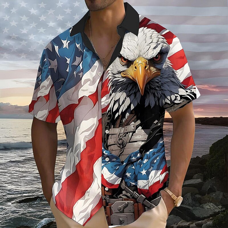 American Independence Day Men's American / USA American Flag National Flag Button Up Shirt Short Sleeve Resort Style Causal Casual Holiday Summer Turndown Buttons Pocket Black Blue