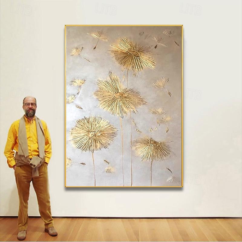 Handpainted 3 D Gold Foil Dandelion Painting Gold Accent Painting Home Accent Piece Statement Painting Hotel Wall Painting Gold Leaf Wildflower Painting Rolled Canvas (No Frame)3