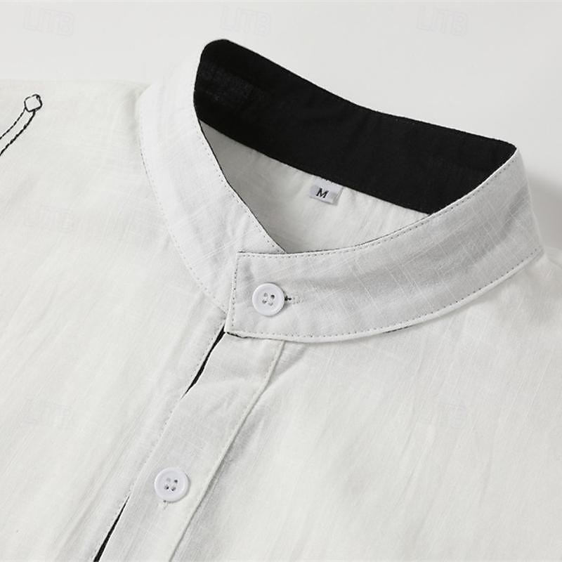 Men's Shirt Linen Shirt Embroidered Button Up Shirt Casual Shirt Summer Shirt Beach Shirt Black White Pink Long Sleeve Standing Collar Spring & Summer Casual Daily Clothing Apparel Embroidered3