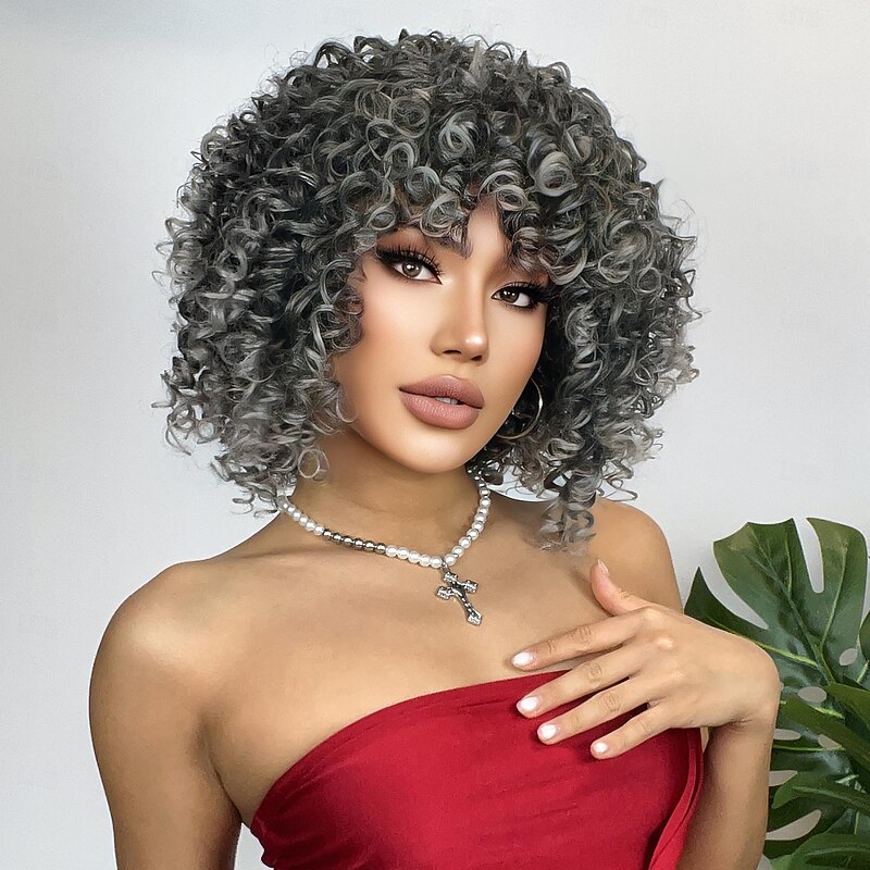 Synthetic Wig Uniforms Career Costumes Princess Deep Curly Afro Curly Middle Part Layered Haircut Machine Made Wig 10 inch Grey Synthetic Hair Women's Cosplay Party Fashion Dark Gray3
