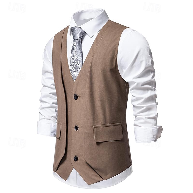 Men's Vest Gilet Daily Wear Vacation Going out Vintage Fashion Spring &  Fall Button Polyester Comfortable Plain Single Breasted V Neck Regular Fit Black Khaki Coffee Vest2