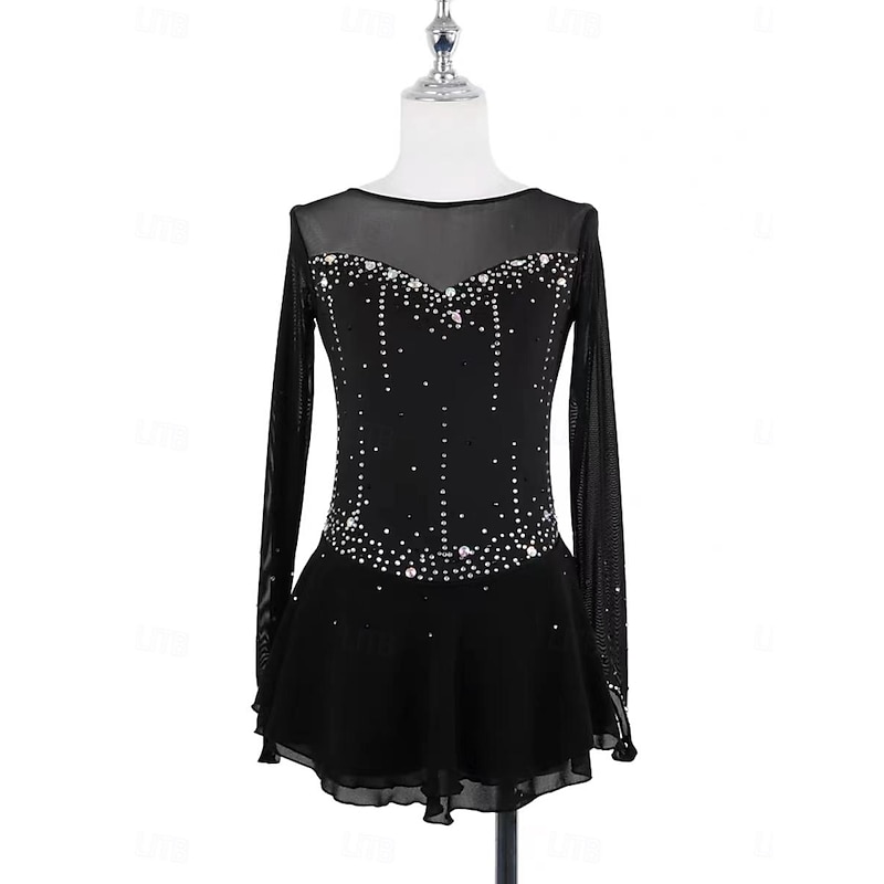 Figure Skating Dress Women's Girls' Ice Skating Dress Black Pink Orange Thumbhole Mesh Spandex Stretchy Training Practice Professional Skating Wear Thermal Warm Classic Crystal / Rhinestone Long3