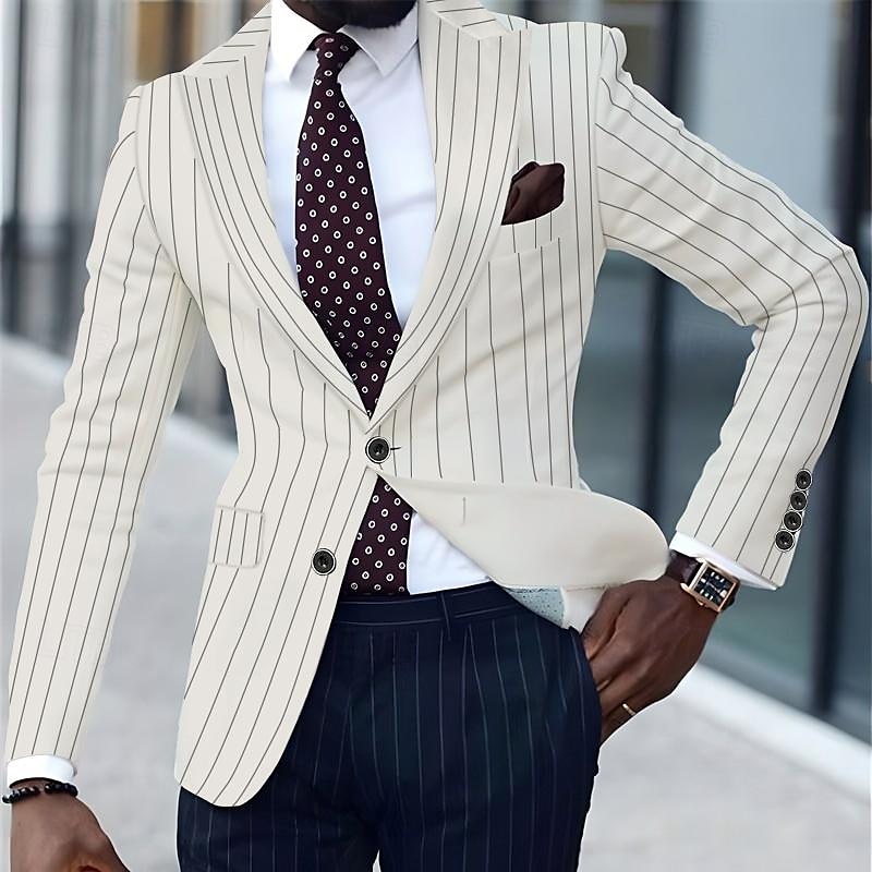 Men's Graduation Blazer Business Cocktail Party Wedding Party Fashion Casual Spring &  Fall Polyester Stripes Pocket Buttons Comfortable Single Breasted Blazer Black White Yellow Pink