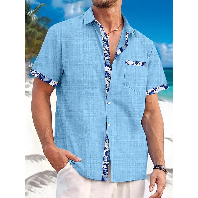 Men's Linen Shirt Summer Shirt Beach Wear Casual Shirt Button Up Shirt Plain Vacation Curise Black White Pink Blue Short Sleeve Lapel Spring & Summer Clothing Apparel Front Pocket