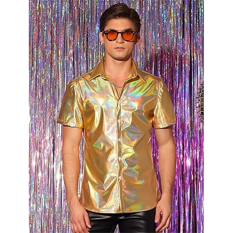 Metallic 1980s Shiny Latex Patent Shirt Disco Fancy Dress Men's Carnival Costume Halloween Carnival Masquerade Party / Evening Pride Parade Pride Month Adults Shirt2