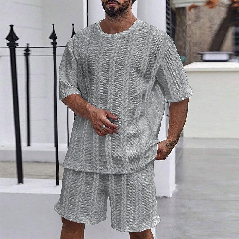 Men's T-shirt Suits 2 Pieces Outfits Tee & Shorts Short Sleeve Crewneck Summer Plain Fashion Casual 2 Piece Jacquard Vacation Daily Wear Going out Black White Khaki Top Tee for Men2