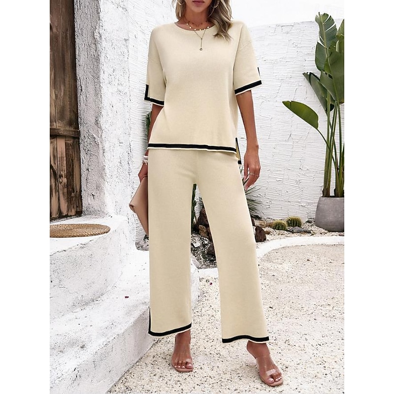 Women's EU / US Size2 Pieces SetsDaily T Shirt Wide Leg Pants Short Sleeve Crew Neck Plain Casual Daily Beige Summer Loose Fit