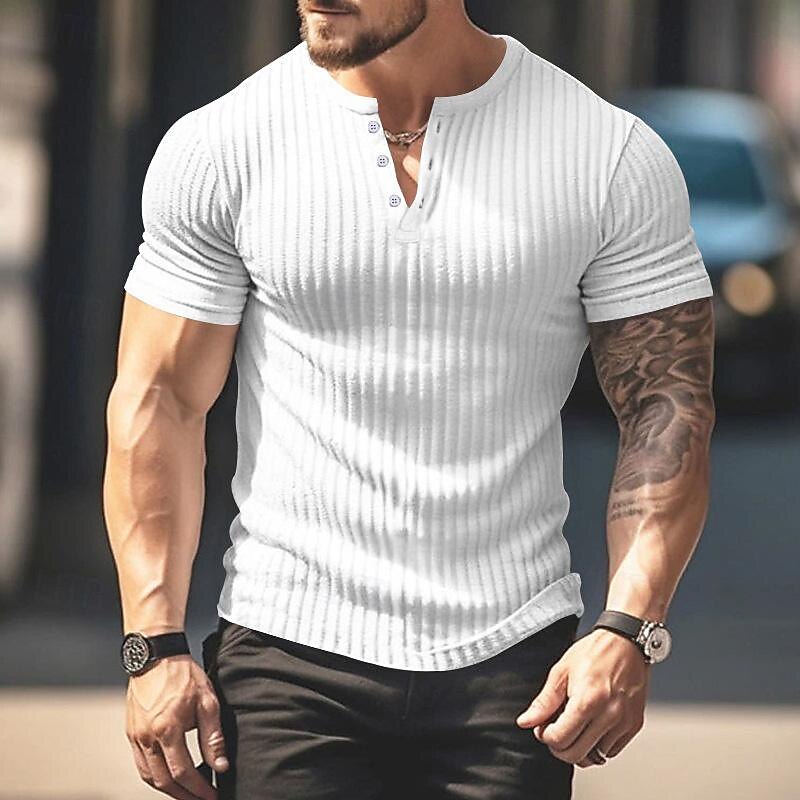 Men's Button T Shirt T Shirt Henley Shirt Tee Short Sleeve Henley Spring & Summer Plain Pit Strip Fashion Designer Basic Vacation Street Going out Wine Black White Top Tee for Men