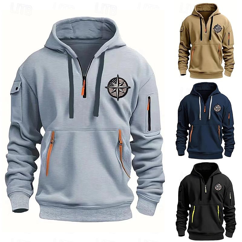 Men's Hoodie Quarter Zip Hoodie Tactical Black White Wine Navy Blue Royal Blue Hooded Plain Pocket Sports & Outdoor Daily Holiday Polyester Streetwear Cool Casual Spring &  Fall Clothing Apparel