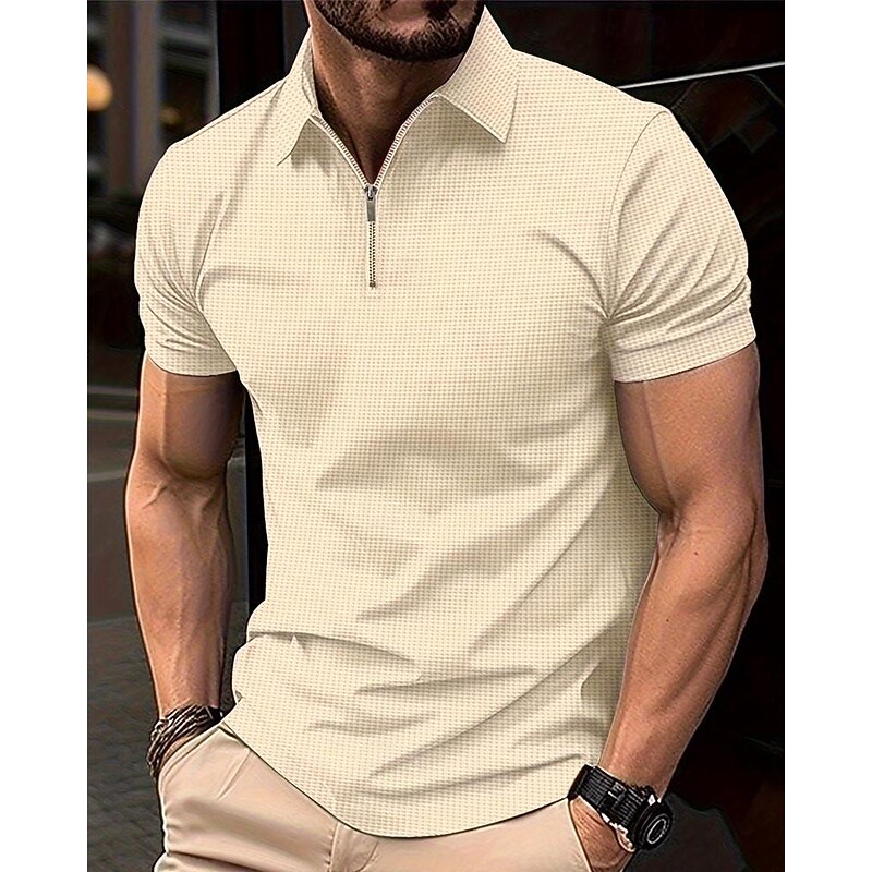 Men's Waffle Polo Shirt Quarter Zip Polo Daily Holiday Turndown Short Sleeve Fashion Basic Plain Spring & Summer Regular Fit Black White Blue Khaki Waffle Polo Shirt