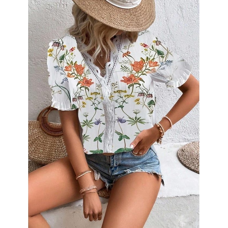 Women's Blouse V Neck White Elegant Lace Tops Eyelet Blouse Ethnic Floral Lace Puff Sleeve Short Sleeve Daily Romantic Petite Tops Summer Holiday Wear White Summer2
