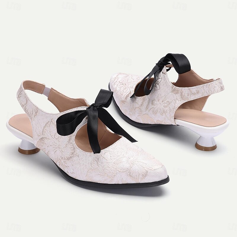 Women's Vintage Lace Slingback Heels with Bow - Elegant Dress Shoes for Weddings and Formal Events3