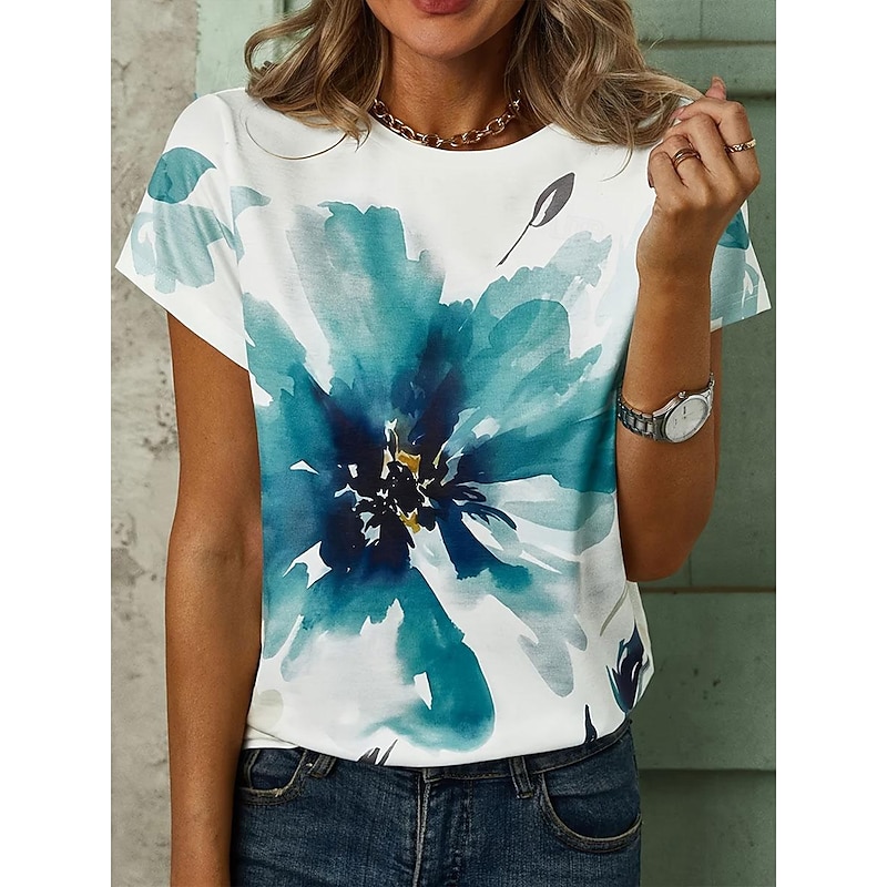 Women's T Shirt Stylish Casual Print Short Sleeve Regular Tops Crew Neck Daily White Red Green Summer2