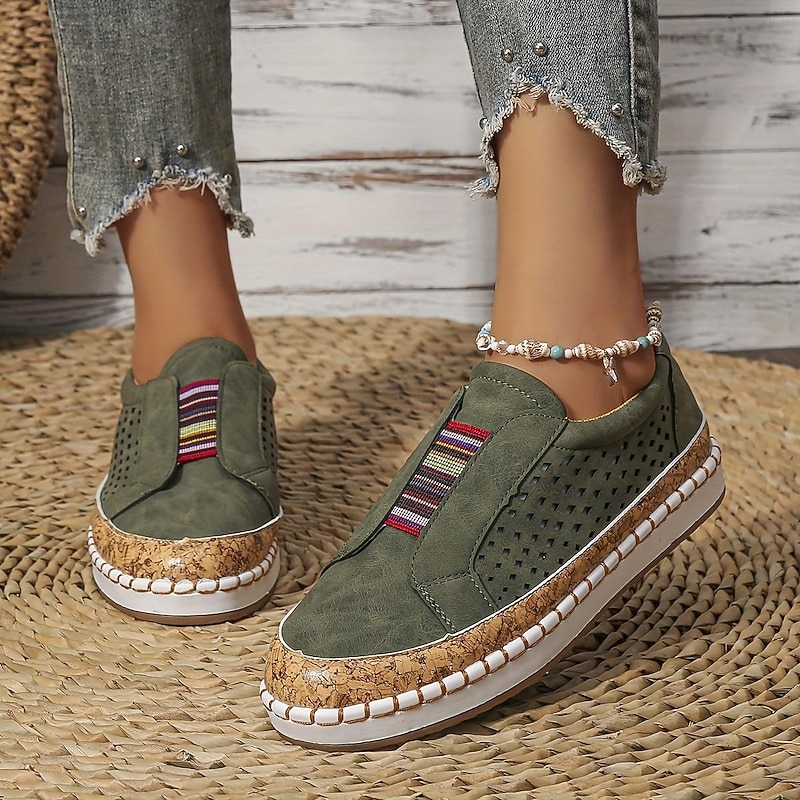 Women's White Slip-On Casual Shoes – Breathable Faux Leather Sneakers with Cork Trim and Elastic Band for Walking, Travel, and Daily Wear4