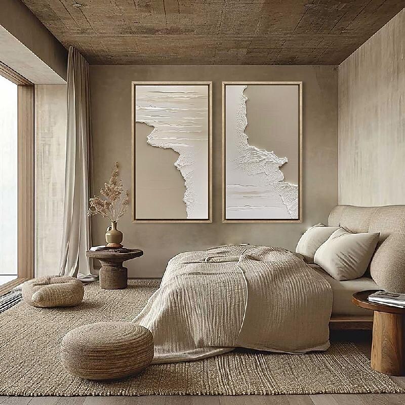 3D Textured Art oil painting handmade Mid-Century Abstract White Neutral Decor painting handmade  Light Brown Plaster  painting Wall Art  New* Minimalist Scandinavian Mid-Century  painting3