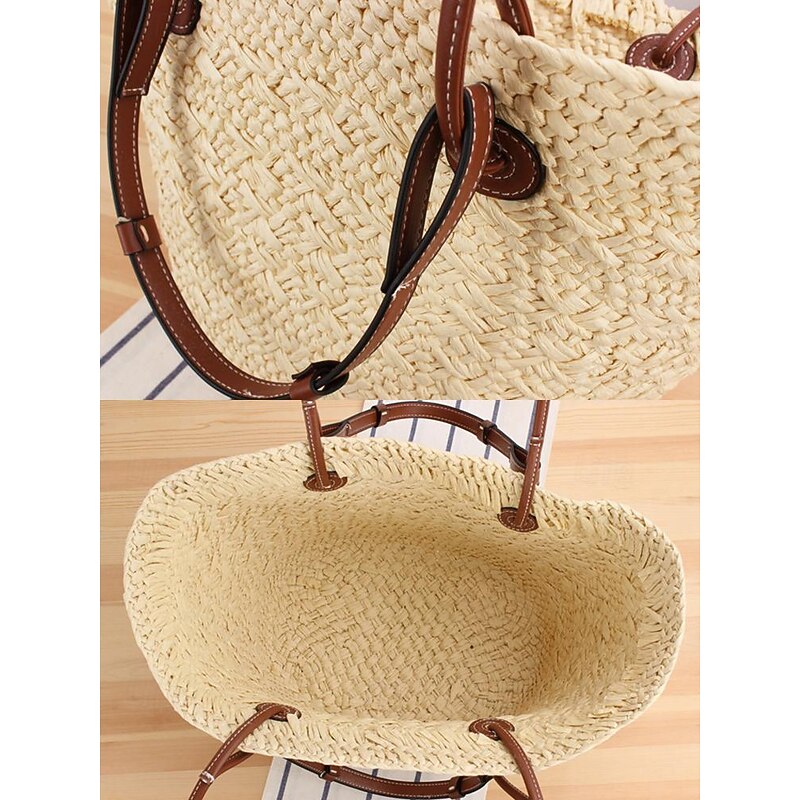 Women's Boho Chic Large Straw Tote Bag with Leather Straps, Perfect for Beach Outings and Casual Summer Days4