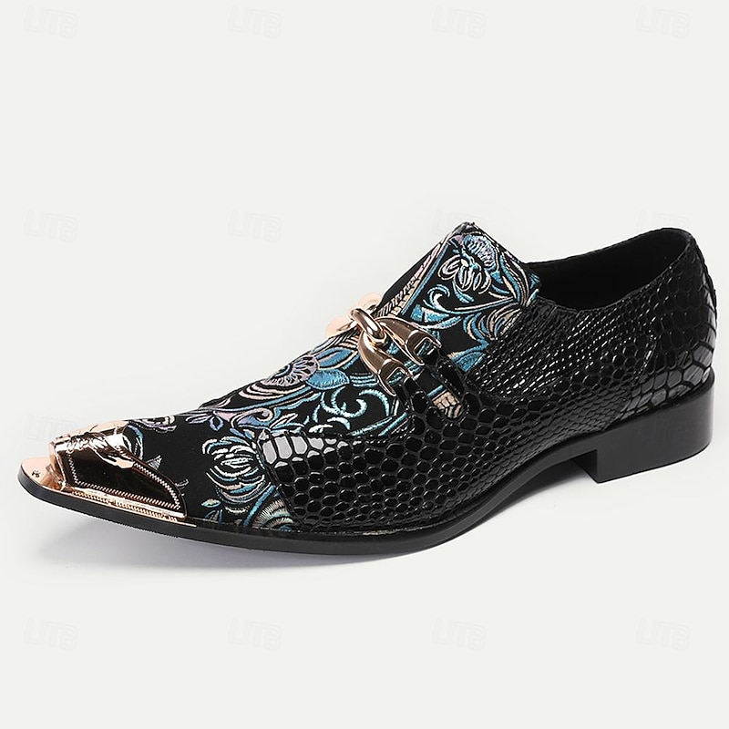 Men's Premium Cowhide Leather Punk Style Loafers - Floral Embroidered Slip-On Shoes with Metal Toe Cap and Buckle4