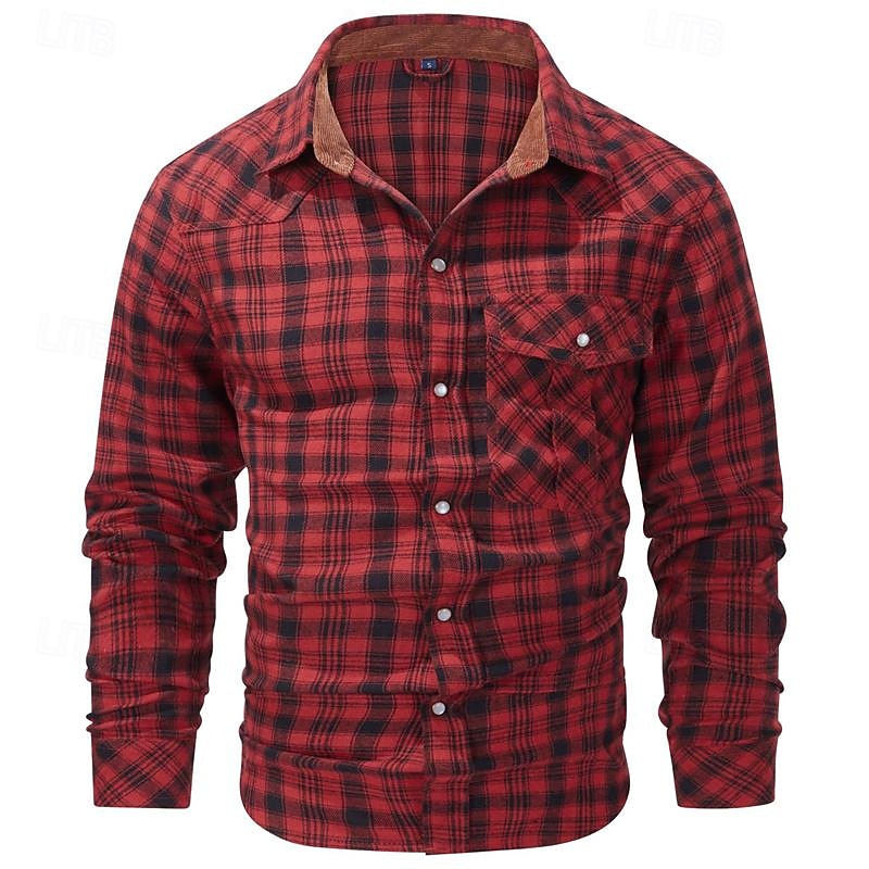 Men's Shirt Casual Shirt Plaid Shirt Button Up Shirt Overshirt Checked Shirts Red Blue Green khaki Gray Long Sleeve Plain Turndown Vacation Holiday Pocket Clothing Apparel Cotton Cotton Blend Fashion