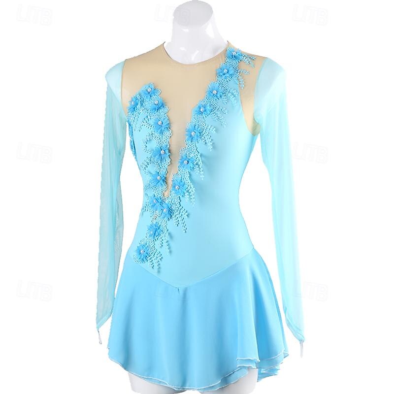 Figure Skating Dress Women's Girls' Ice Skating Dress Lake Blue Patchwork Open Back Mesh Spandex High Elasticity Training Practice Professional Skating Wear Classic Long Sleeve Ice Skating Figure4