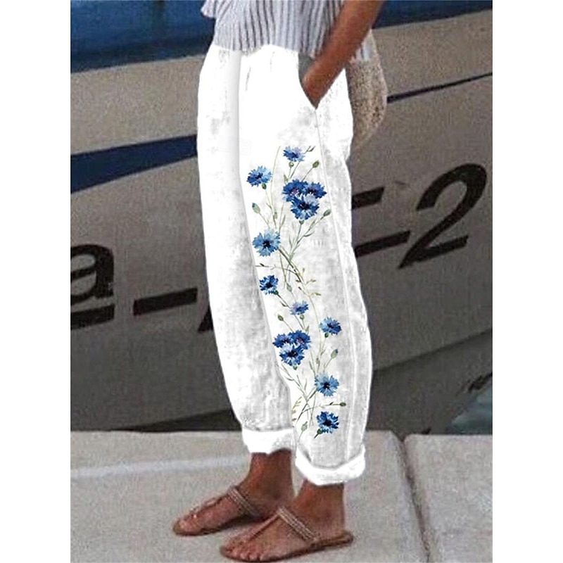 Women's Pants Trousers Straight Streetwear Casual Long High Waist Floral Pocket Printing Elastic Drawstring Design Breathability Soft Micro-elastic Vacation Street Daily Wear White Yellow Red Blue2