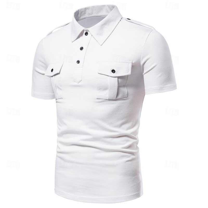 Men's Polo Shirt Golf Shirt Work Casual Lapel Short Sleeve Basic Modern Solid Color Patchwork Button Spring & Summer Regular Fit Black White Grey Polo Shirt2