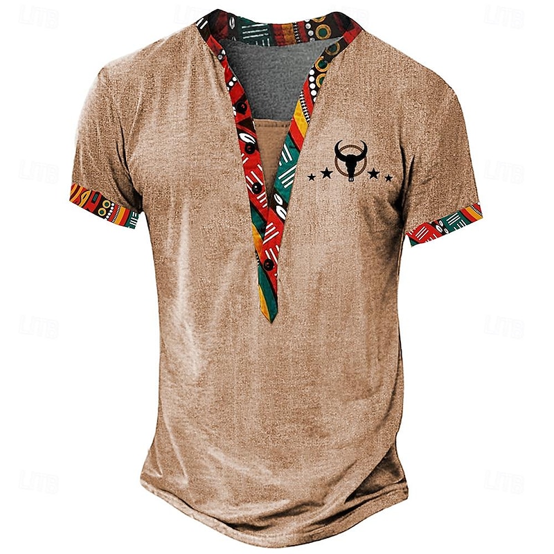 Men's Graphic Tribal Henley Shirt Short Sleeve 3D Print Fashion Designer Basic Daily Summer Yellow Green Gray Stand Collar Henley T-Shirt
