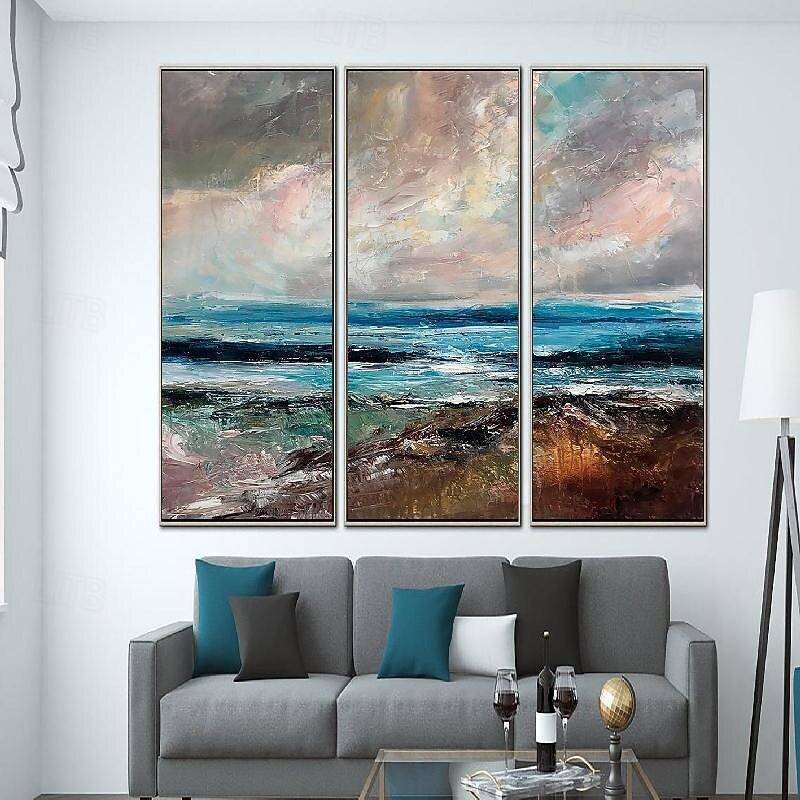 Hand painted Abstract Seascape Paintings On Canvas handmade texture Ocean sea Oil Painting Handmade Blue Art Triptych Paintings for Living Room Wall Decor2