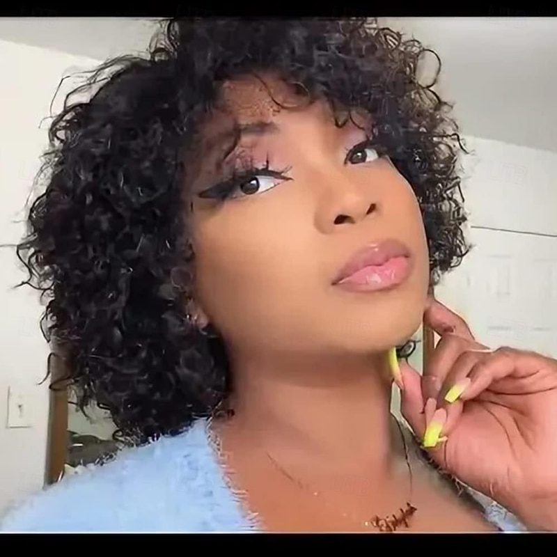 Short Curly Human Hair Wigs For Black Women Short Curly Wigs Human Hair Non Lace Glueless Wig with Bangs Side Part Wigs