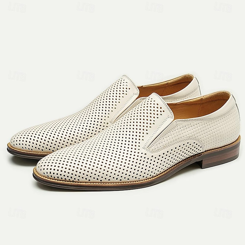 Men's Beige Perforated Leather Loafers, Premium Cowhide Slip-On Dress Shoes - Breathable and Stylish Footwear for Formal and Casual Occasions3