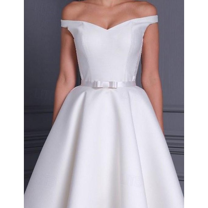A-Line Cocktail Dresses 1950s Dress Wedding Guest Graduation Tea Length Sleeveless Off Shoulder Fall Wedding Reception Satin with Sleek Bow(s) Pure Color3