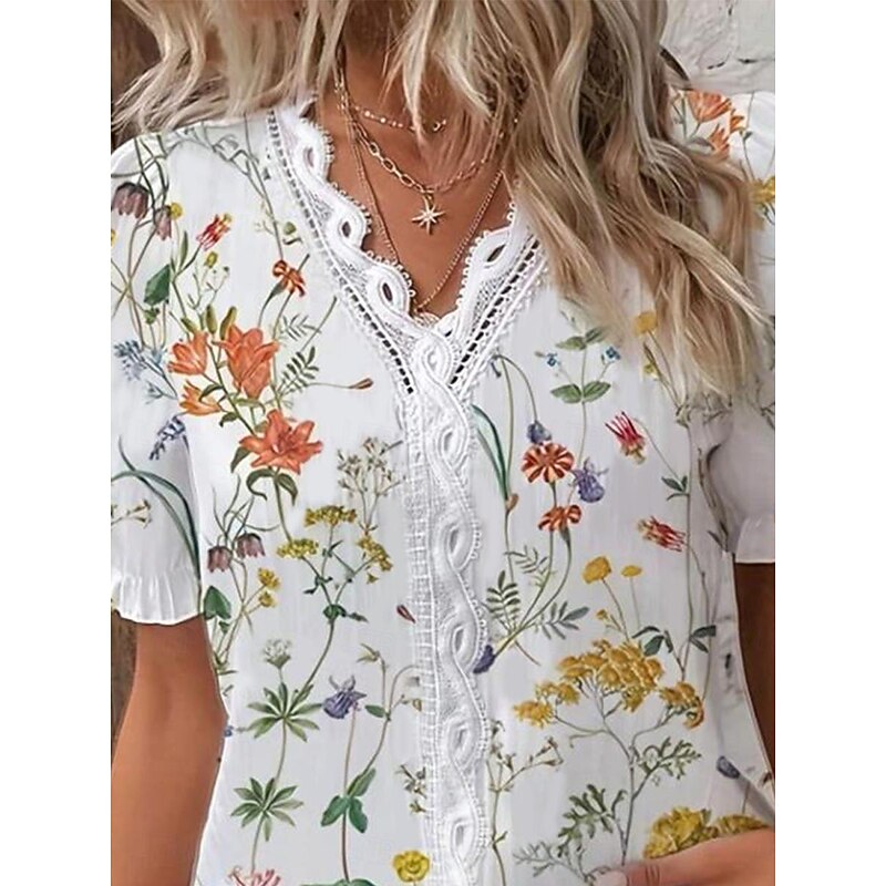 Women's Blouse V Neck White Elegant Lace Tops Eyelet Blouse Ethnic Floral Lace Puff Sleeve Short Sleeve Daily Romantic Petite Tops Summer Holiday Wear White Summer3