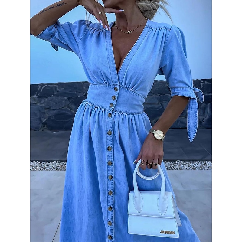 Women's Denim Dress Shirt Dress Maxi long Dress Office Vacation Denim Basic Modern V Neck Button Half Sleeve Summer Spring Regular Fit Plain3