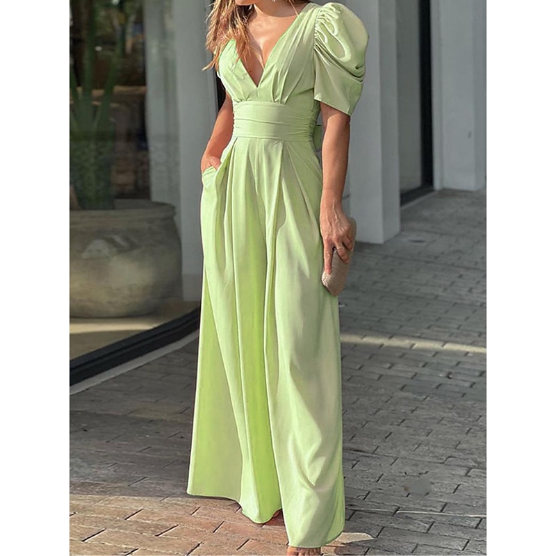 Women's Normal Jumpsuit Elegant Solid Color Short Sleeve V Neck Backless Pocket Street Daily Regular Fit Black Yellow Light Green Summer2