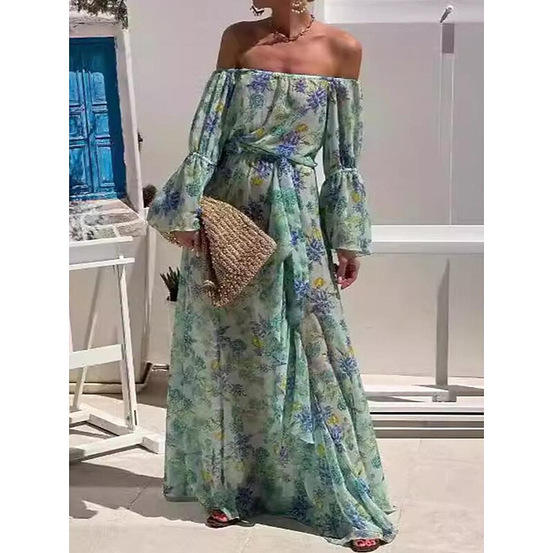 Women's Casual Dress Swing Dress Floral Ruffle Backless Off Shoulder Long Dress Maxi Dress Stylish Casual Daily Date Long Sleeve Summer2