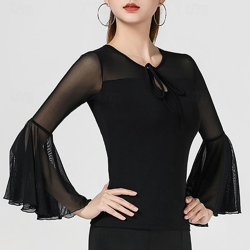 Latin Dance Top Pure Color Splicing Tulle Women's Performance Training Sleeveless High Polyester3