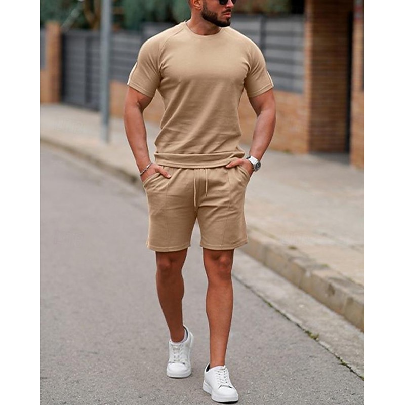 Men's T-shirt Suits 2 Pieces Outfits Tee & Shorts Short Sleeve Crew Neck Summer Plain Fashion Casual 2 Piece Vacation Daily Wear Going out White Pink Green Top Tee for Men4