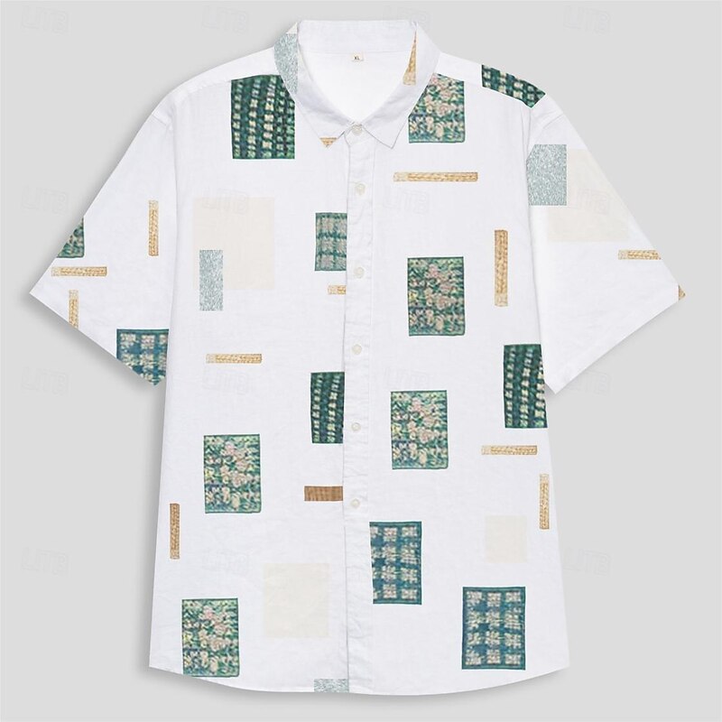 Men's Geometric Linen Shirt Casual Shirt Button Up Shirt Short Sleeve Fashion Daily Sports & Outdoors Outdoor Sport Causal Lapel Buttons White3