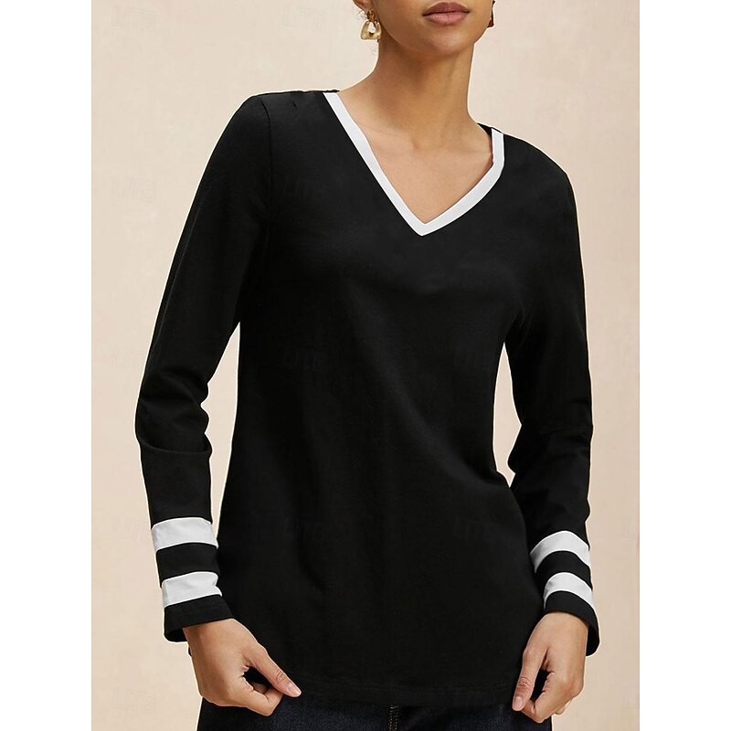 Women's T Shirt V Neck Long Sleeve Tunic Striped Fashion 3/4 Length Sleeve Regular Tops Daily Print Black Spring & Fall3
