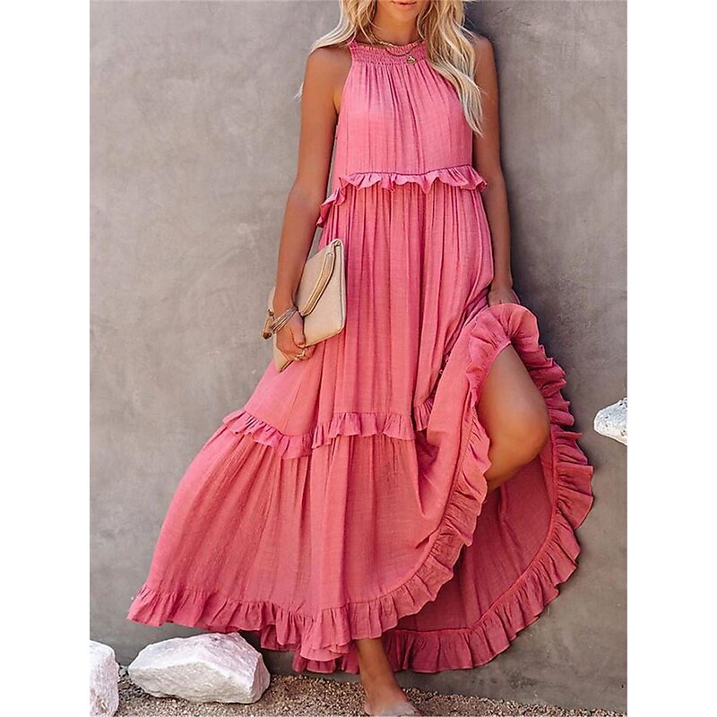 Women's Casual Dress Maxi Dress Ruffle Pocket Date Vacation Streetwear Maxi Halter Neck Sleeveless Pink Green Dark Blue Color3