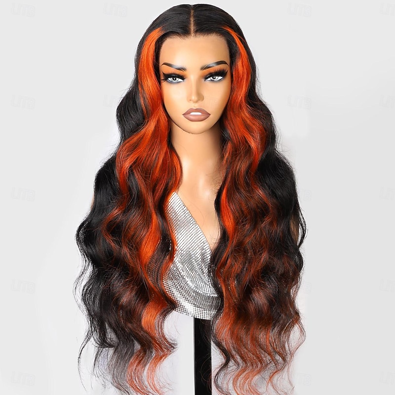 13x4 Lace Front Wig Natural Color Highlights Ginger Body Wave Lace Wig 200% Density For Black Women Long Human Hair