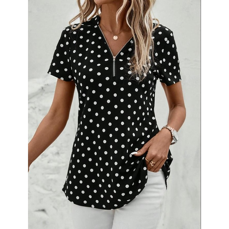 Women's Shirt Stylish Polka Dot Zipper Short Sleeve Zip Daily Black Summer4