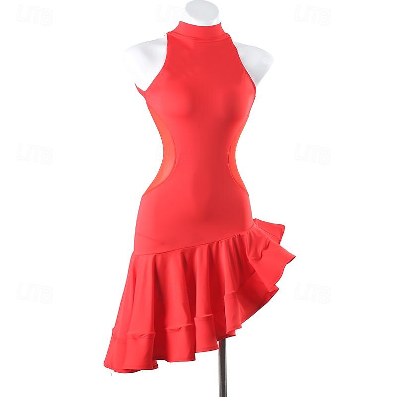Latin Dance Dress Ruffles Tulle Women's Performance Training Sleeveless High Spandex Tulle2