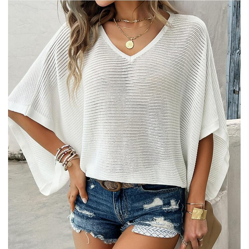 Women's Sweater Elegant Solid Color Crochet V Neck Knitted Half Sleeve Regular Tops Knit Daily Wine Red White Summer2