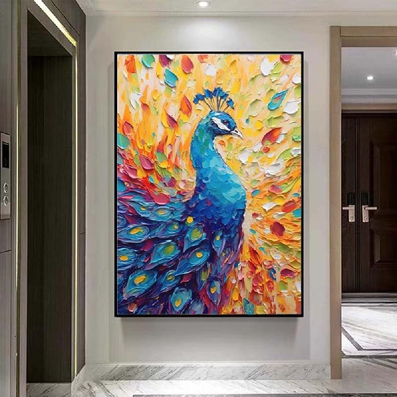 Peacock Painting Bird Art oil painting handmade Colorful Peacock Impasto Artwork Bright Oil painting Wall Art Palette knife Bright Bird 3D Textured Art painting for bedroom office decoration3