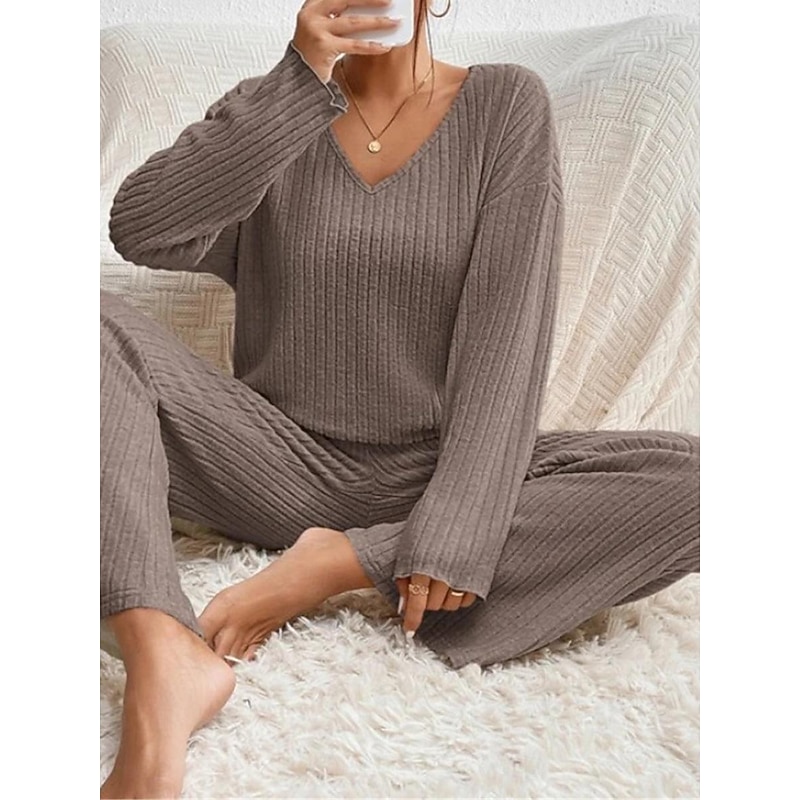 Women's Pajamas Sets Pure Color Fashion Comfort Home Daily Bed Knit Breathable V Wire Long Sleeve Pant Elastic Waist Spring Fall Black Camel Home Outfits