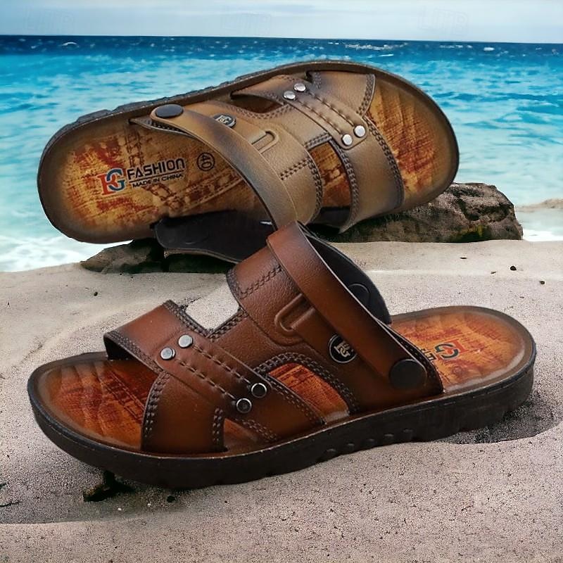 Men's Brown Slide Sandals with Double Straps and Cushioned Sole - Comfortable Casual Summer Footwear for Outdoor and Daily Use3