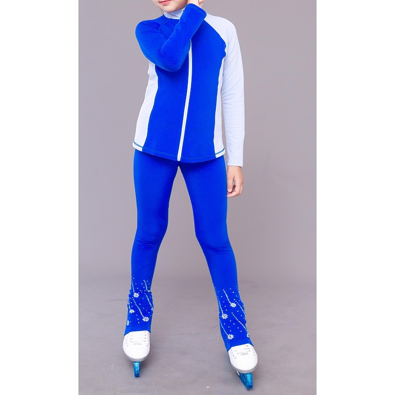 Figure Skating Fleece Jacket Figure Skating Pants Figure Skating Jacket with Pants Women's Girls' Ice Skating Jacket Tights Outfits Blue+Light Blue Black White Blue Pink Patchwork Thumbhole Spandex